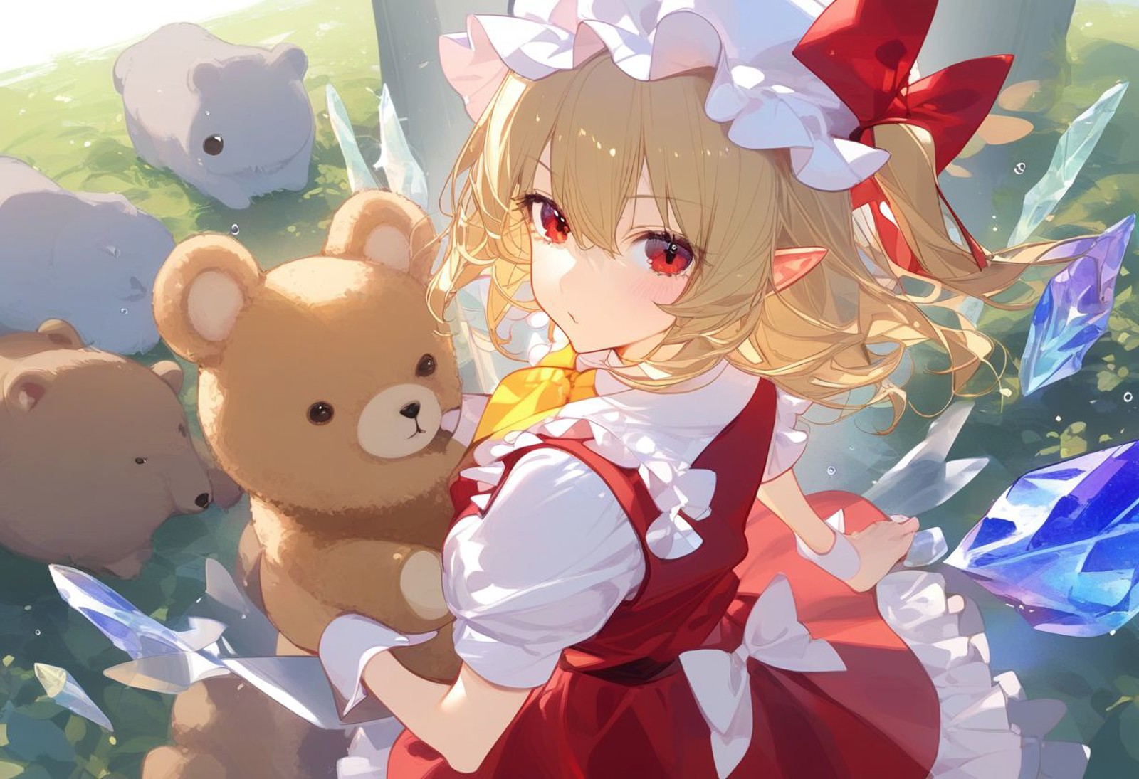 masterpiece, best quality, very aesthetic, absurdres, 1girl, flandre scarlet, touhou, hat, mob cap, solo, blonde hair, stu...
